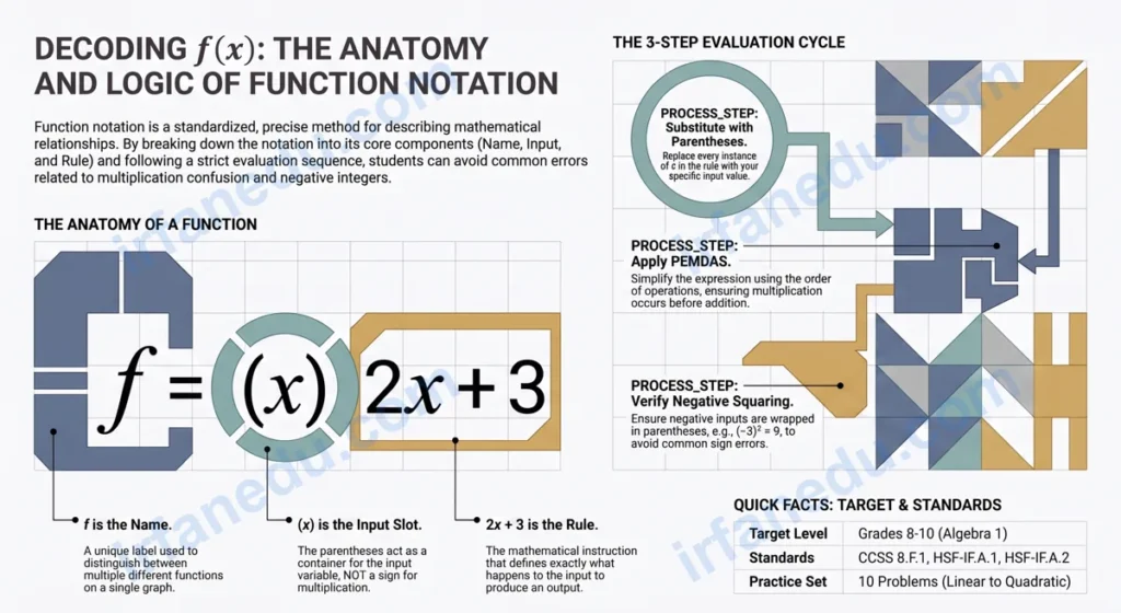 Function notation worksheet showing f(x) problems with step-by-step solutions on a blue math background