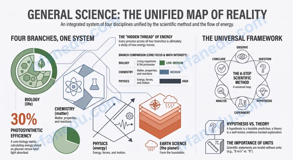 General science concept map showing biology chemistry physics and earth science branches for students