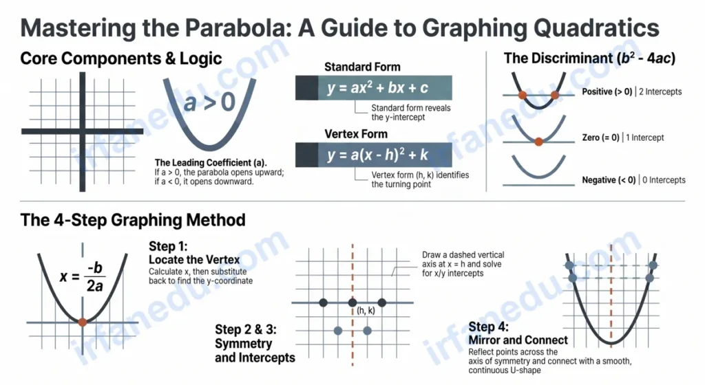 Graphing quadratic equations worksheet showing parabola curves on coordinate grids with vertex and axis of symmetry labeled