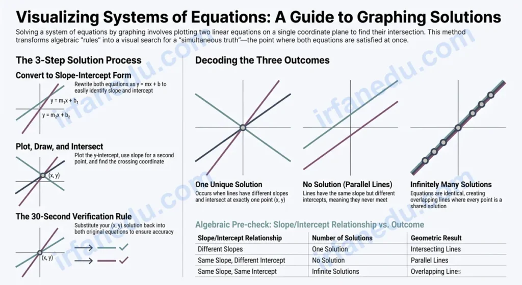 Graphs of systems of equations worksheet showing two intersecting lines on a coordinate grid with solution point labeled