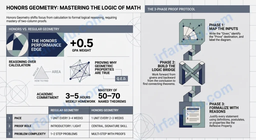 Honors geometry concepts diagram showing proofs, triangles, circles, and coordinate geometry on a green chalkboard