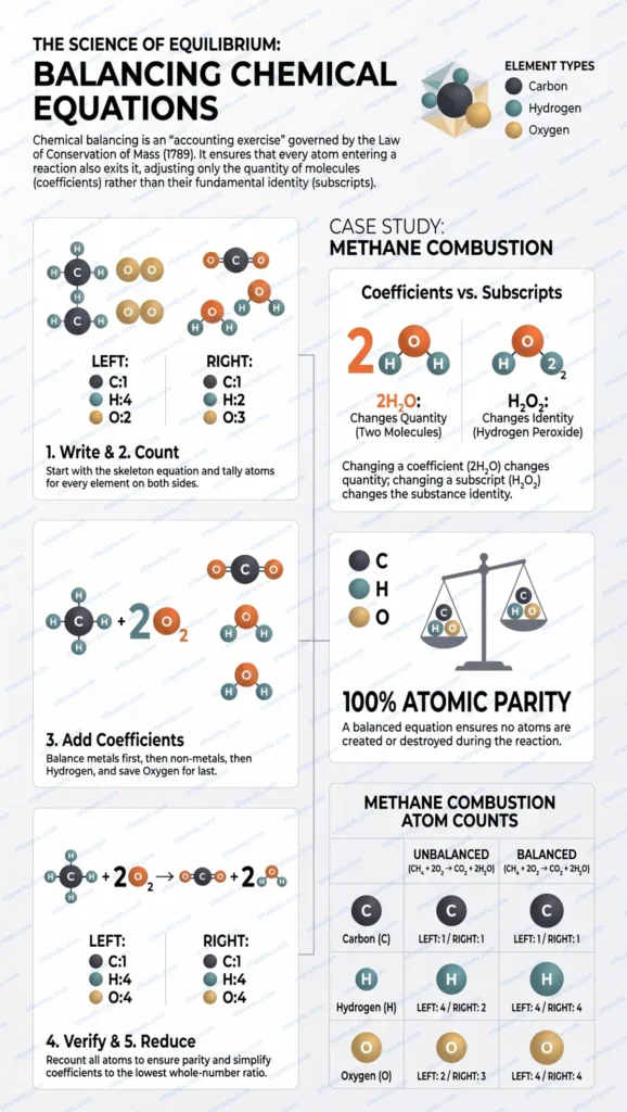 Step-by-step guide to balancing chemical equations with worked example on a chalkboard