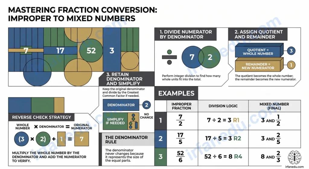 Improper fractions to mixed numbers worksheet showing step-by-step conversion with visual fraction bars and practice problems