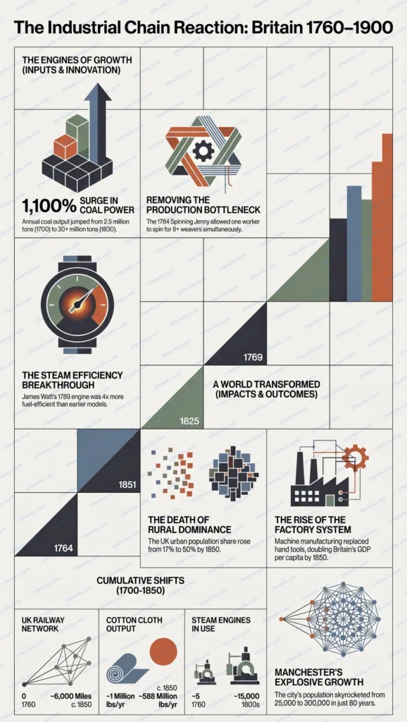 Industrial revolution facts for students showing factory machines steam engine and timeline infographic