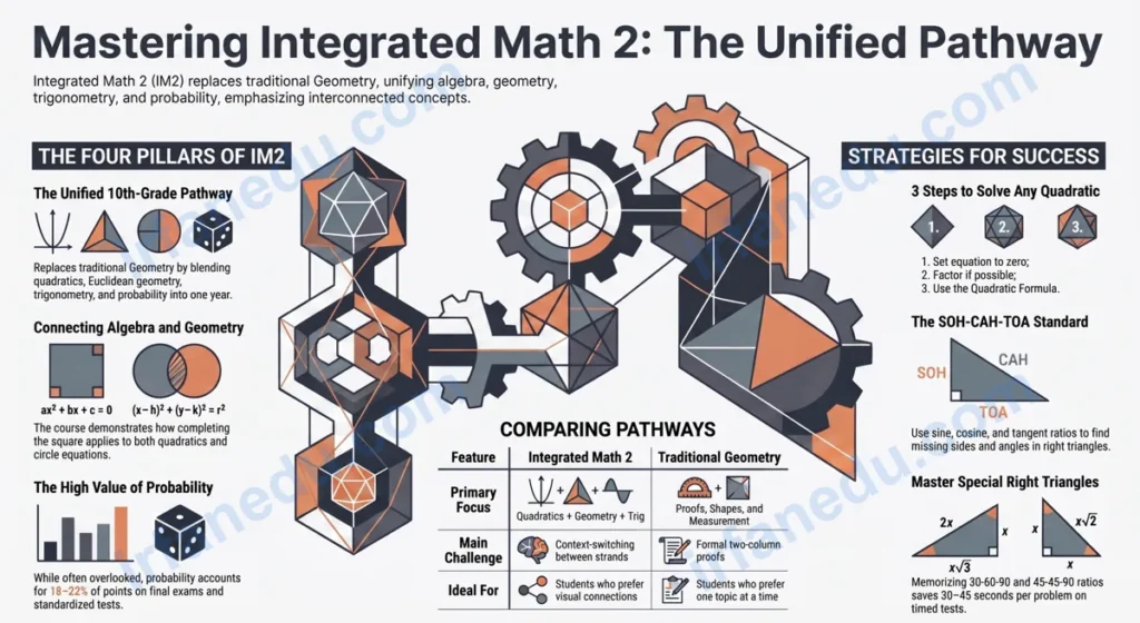 Integrated Math 2 complete guide showing algebra geometry and statistics topics on a colorful diagram for high school students