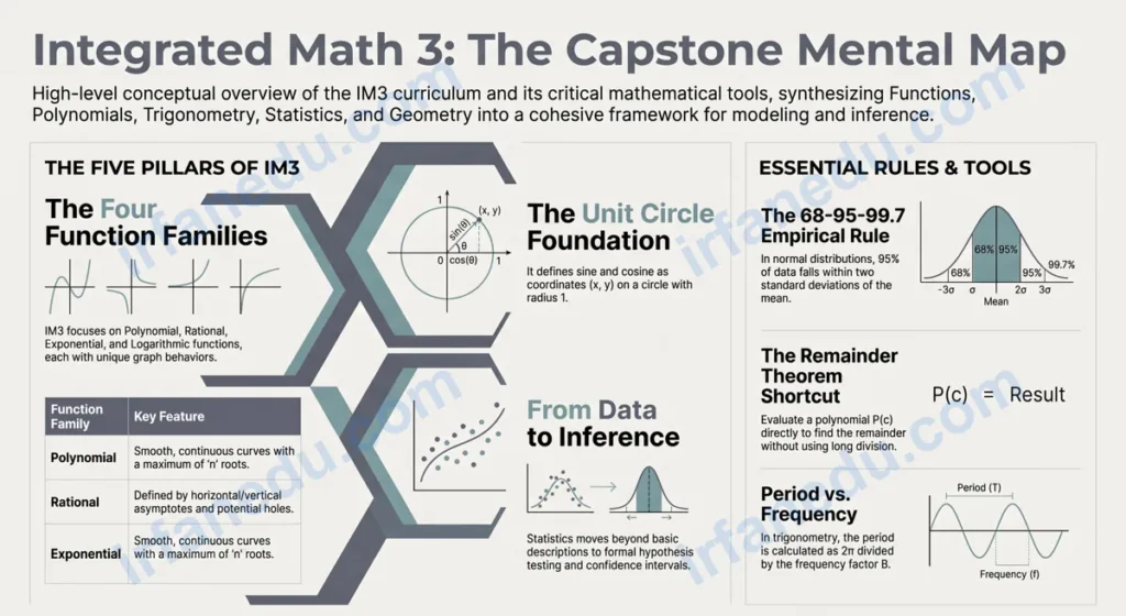 Integrated Math 3 complete guide showing functions polynomials trigonometry and statistics concepts for high school students