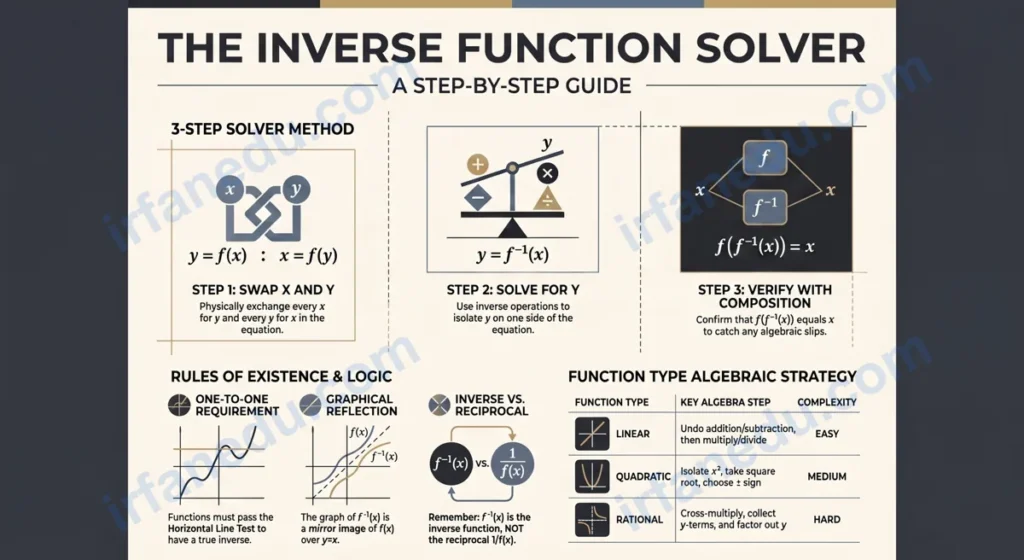 Inverse of a function solver step-by-step diagram showing f(x) and f-inverse(x) on a coordinate plane with orange accent