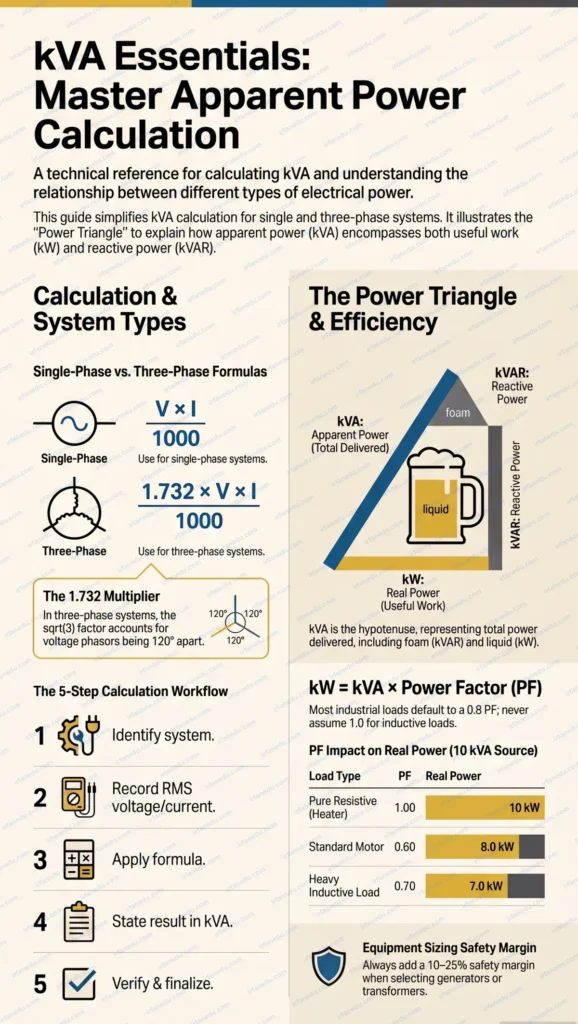 kVA calculator diagram showing apparent power calculation from voltage and current values