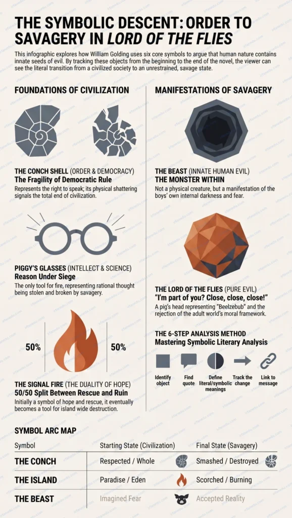 Lord of the Flies symbolism chart showing conch shell beast fire and Piggy glasses meanings