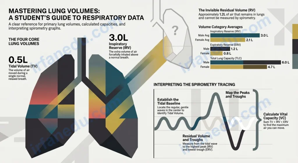 Lung volume chart showing tidal volume vital capacity residual volume and total lung capacity with labeled spirometry graph
