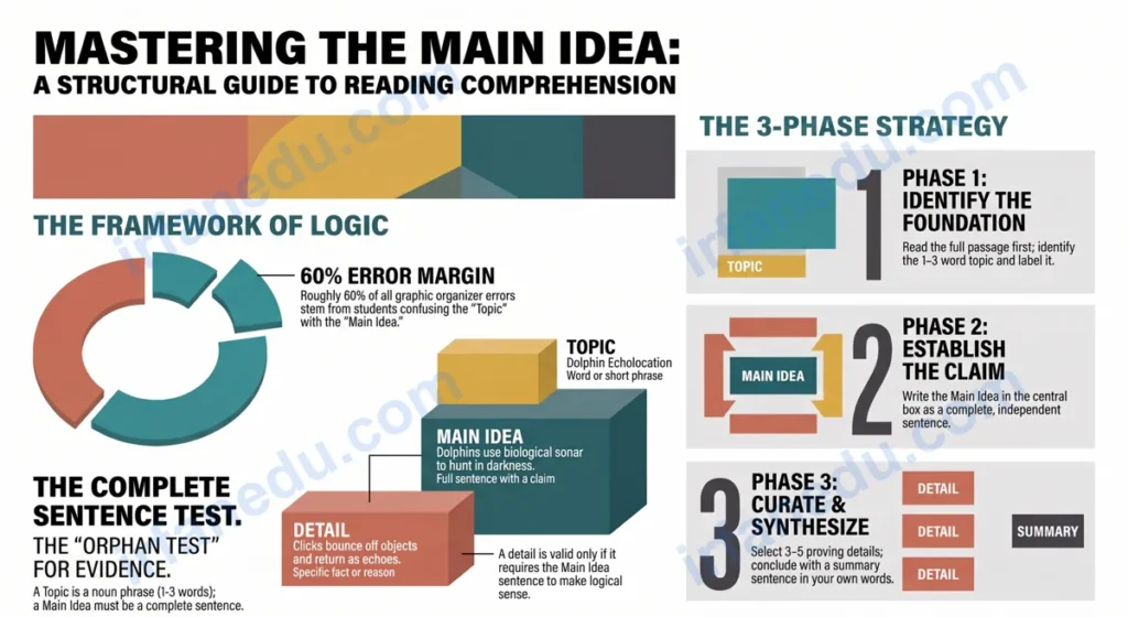 Main idea and details graphic organizer template showing central topic box with supporting detail branches for students