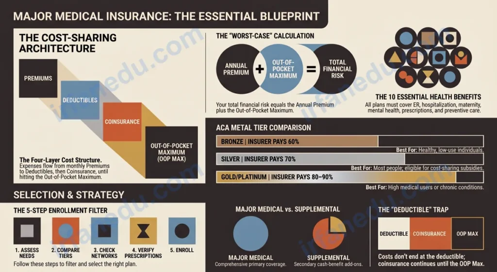 Major medical insurance plan diagram showing coverage for hospital, surgery, and specialist visits with cost breakdown