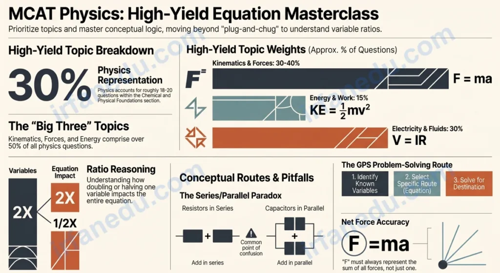 MCAT physics equations cheat sheet with formulas for kinematics, electricity, fluids, and optics on a blue study desk