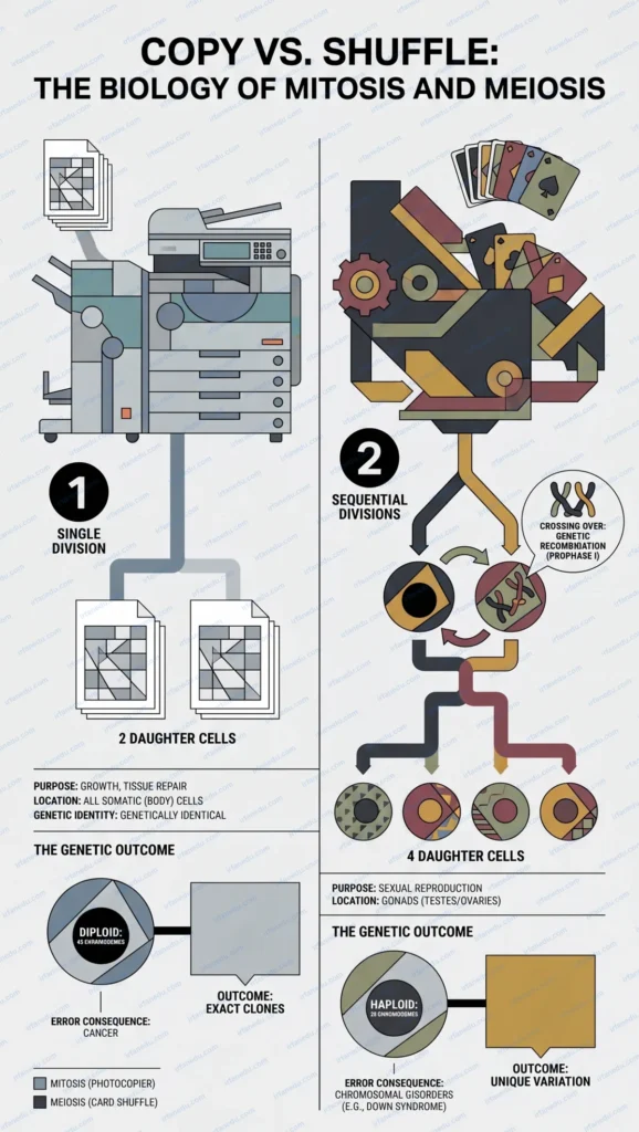 Mitosis vs meiosis differences diagram showing cell division stages comparison for biology students