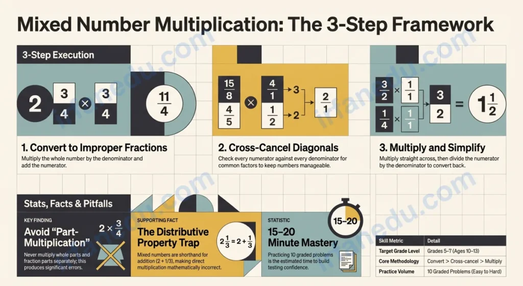 Mixed number multiplication worksheet with worked examples and answer key for grades 5-7