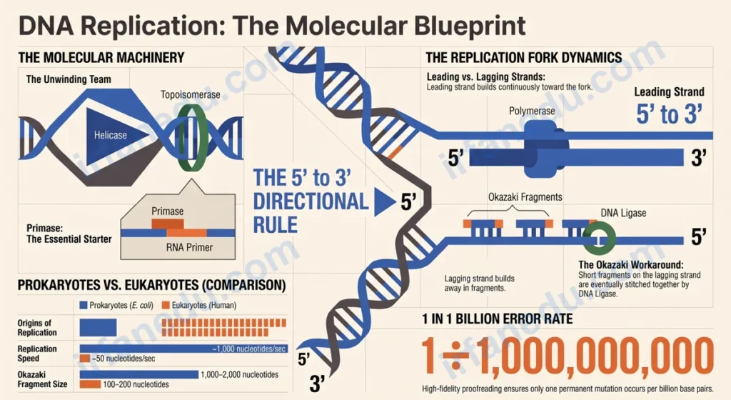 Diagram modelling DNA replication showing replication fork, leading strand, lagging strand, and key enzymes on a blue cell background