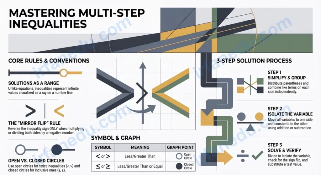 Multi step inequalities worksheet with worked examples, number line, and step-by-step solution guide for algebra students