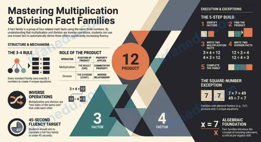Multiplication and division fact families triangle diagram showing numbers 3, 4, and 12 with four related facts