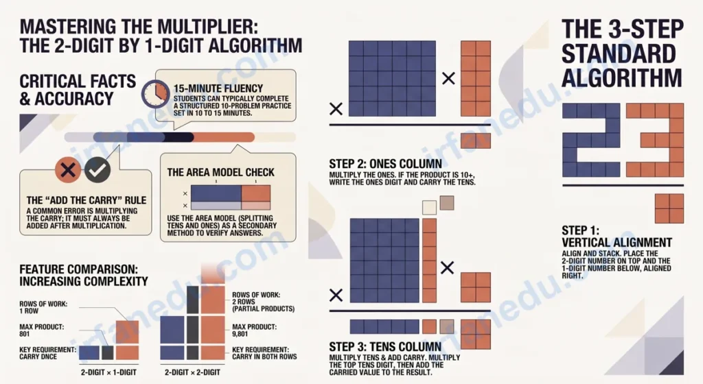 Multiplication worksheets 2 digit by 1 digit printable PDF with worked examples and answer key for Grade 3