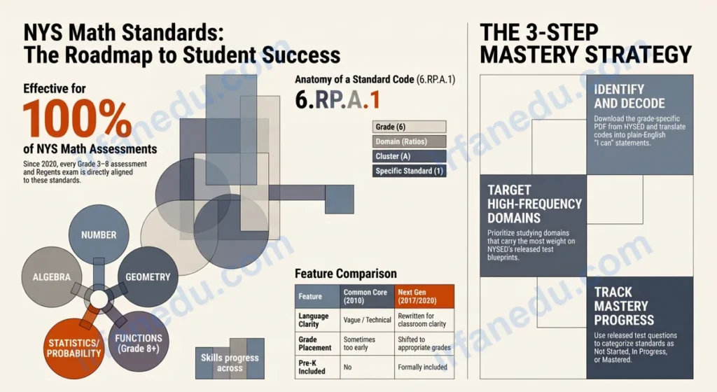 NYS Math Standards grade-by-grade visual guide showing key skills from kindergarten through high school in New York State