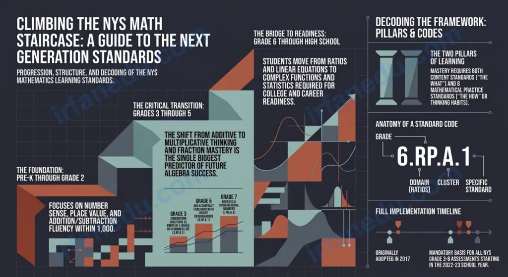 NYS state math standards grade-by-grade visual roadmap showing math progression from kindergarten to algebra and beyond