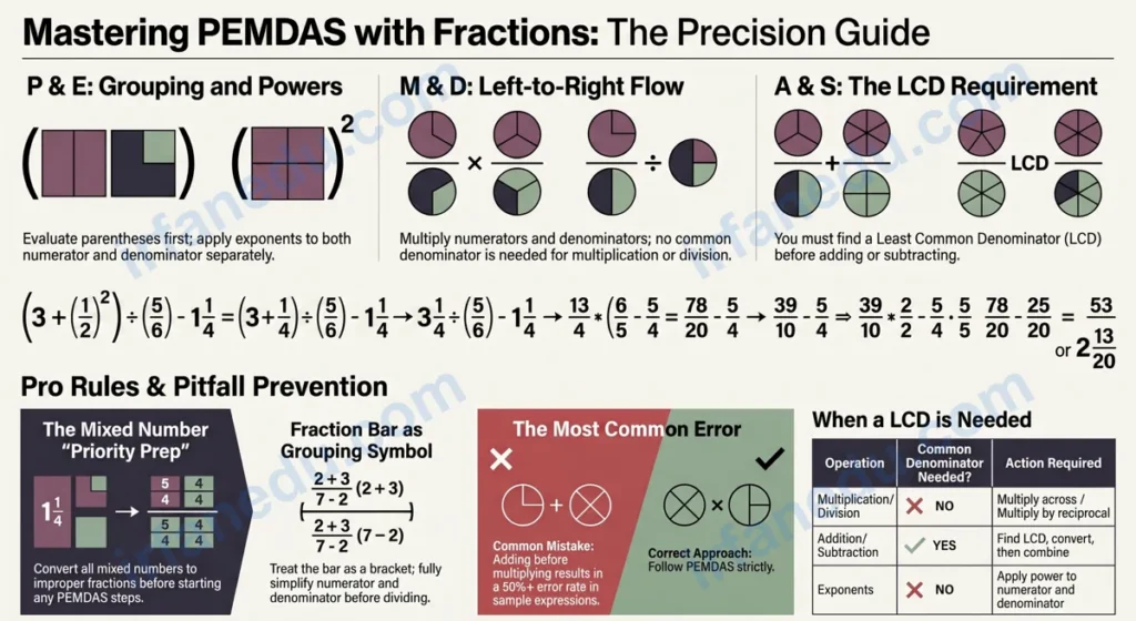 Order of operations with fractions step-by-step guide showing PEMDAS applied to fraction expressions