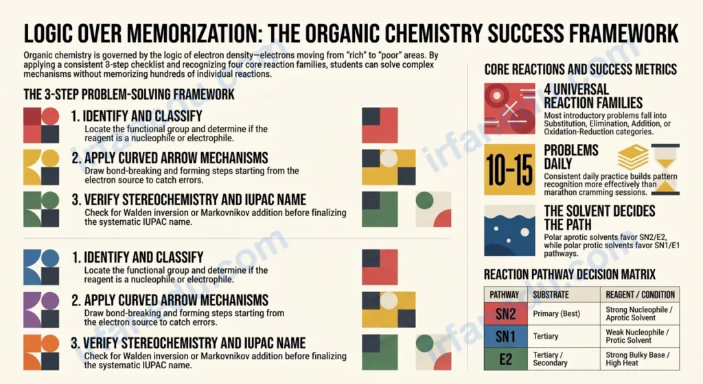 Organic chemistry practice problems step-by-step guide showing reaction mechanisms and molecular structures on a green chalkboard
