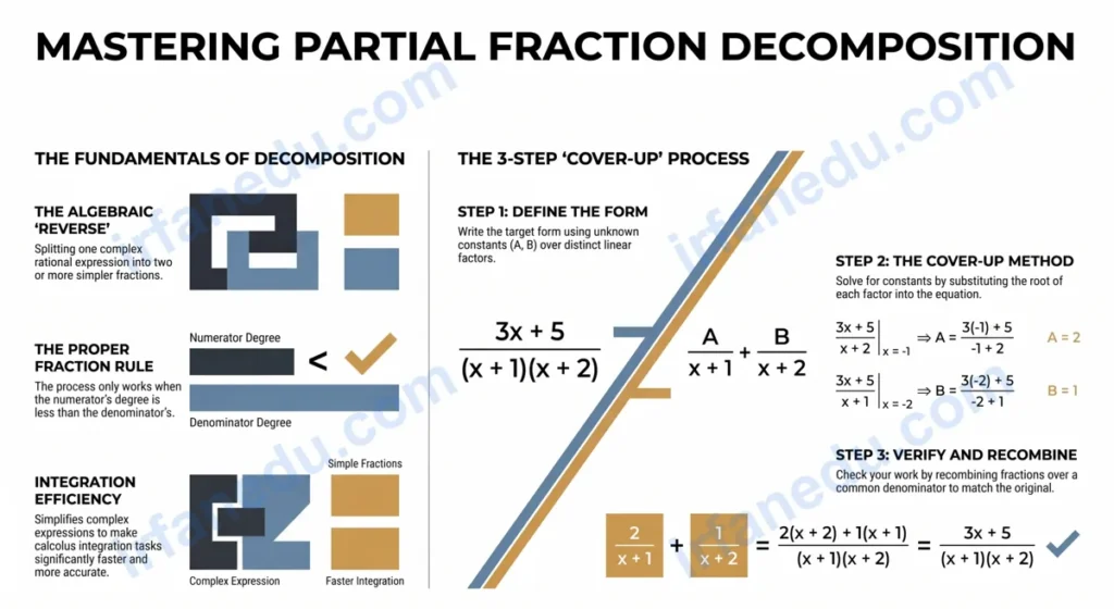 Partial fraction generator calculator showing step-by-step decomposition of a rational expression into simpler fractions