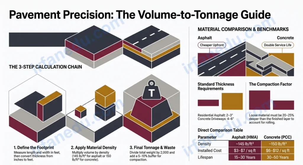 Pavement calculator showing asphalt driveway area, depth, tonnage and cost on a construction site diagram