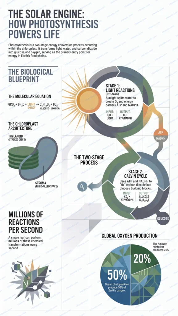 Photosynthesis explained simply — diagram showing sunlight, water, CO2, glucose and oxygen in a green leaf