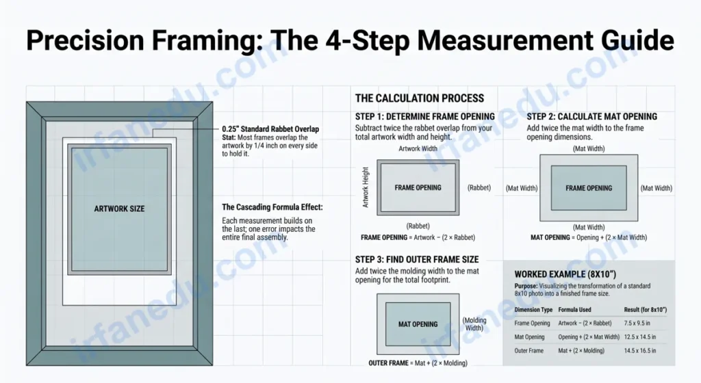 Picture frame measurements calculator showing frame opening size mat width and outer dimensions diagram