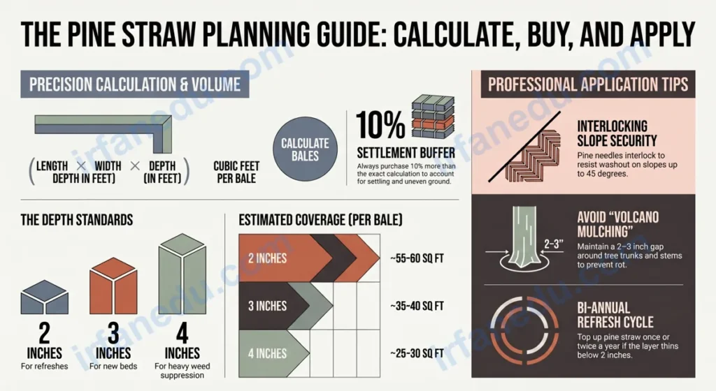 Pine straw calculator showing garden bed dimensions, bale count, and coverage formula on an orange-themed infographic