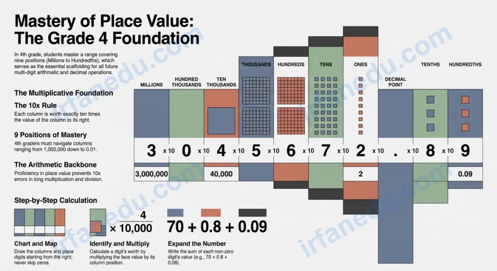 Place value worksheets for 4th graders showing a place value chart from millions to hundredths with colorful columns