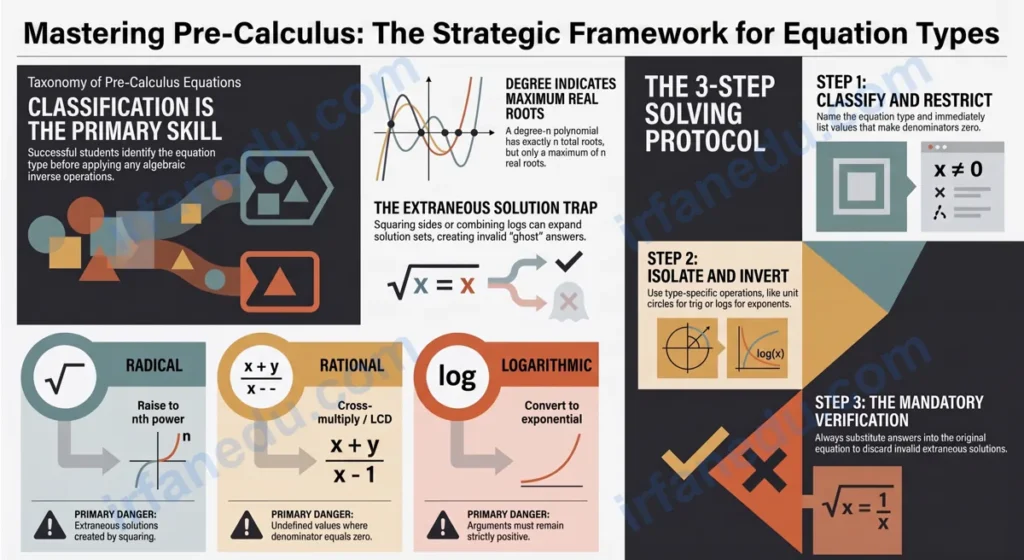 Pre calculus equations worksheet with solved examples covering polynomial, rational, exponential, logarithmic, and trigonometric equation types