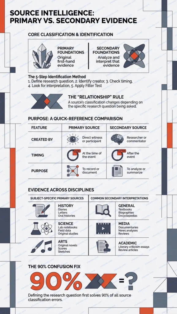 Primary vs secondary sources examples chart showing documents, books, and research materials side by side