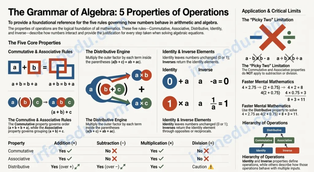 Properties of operations math chart showing commutative associative distributive identity and inverse properties with examples