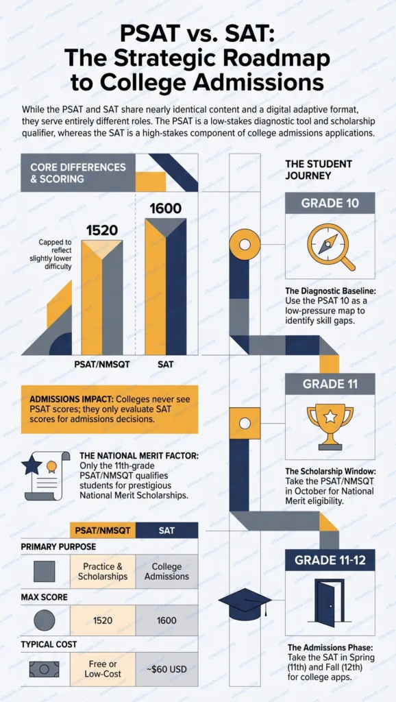 PSAT vs SAT difference comparison chart showing scoring structure and purpose for high school students