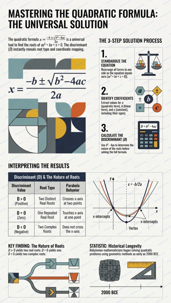 Quadratic formula calculator showing step-by-step solution for ax squared plus bx plus c equals zero