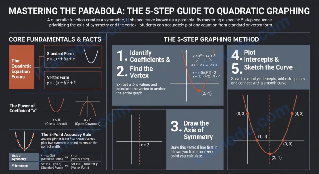 Quadratic function graph worksheet showing parabola curves on coordinate grid with vertex and axis of symmetry labeled