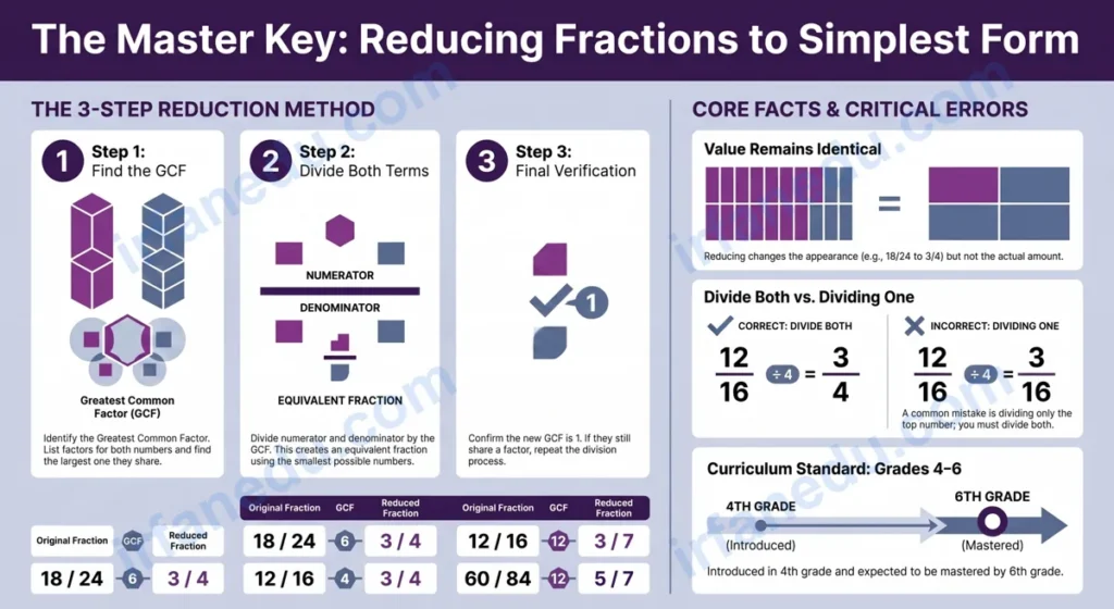 Reducing fractions worksheet printable PDF with step-by-step lesson and answer key for students