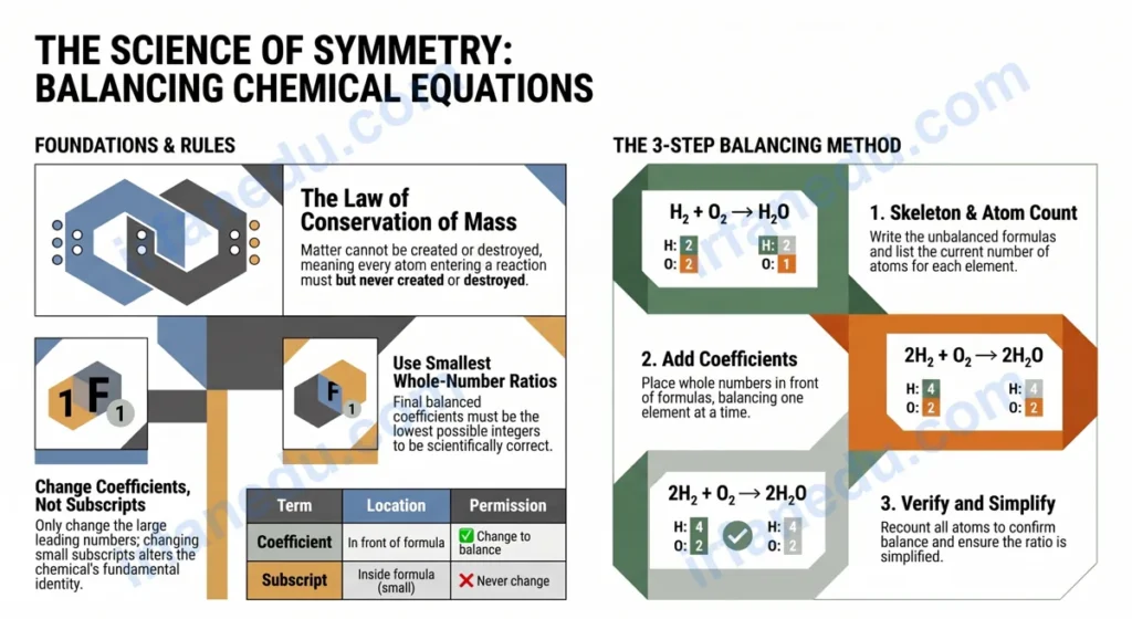 Science balancing equations worksheet showing chemical equations with coefficients, atoms counted in a colorful table, grade 7-10 chemistry practice