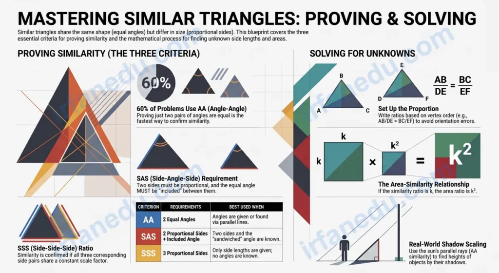 Similar triangles worksheet with AA SAS SSS similarity rules and practice problems for students