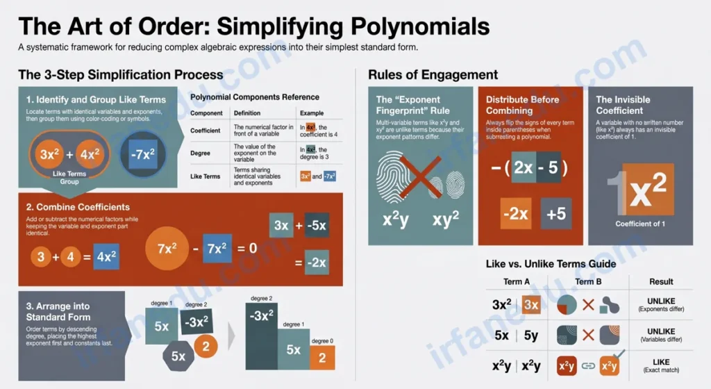 Step-by-step simplifying polynomials diagram showing like terms grouped by color with arrows and simplified result