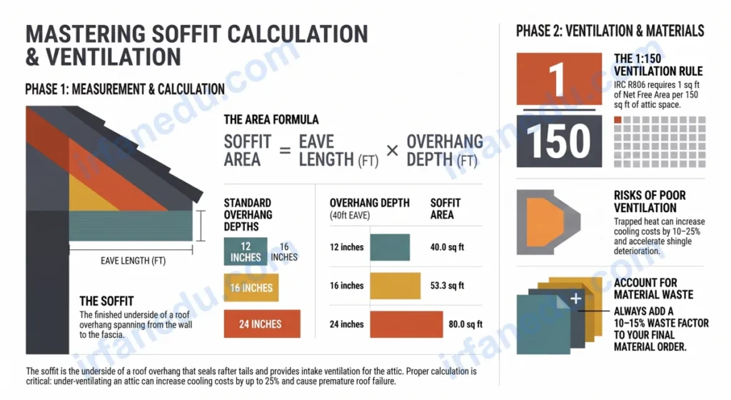 Soffit calculator tool showing roof overhang measurements, soffit area formula, and vent count results on a construction diagram