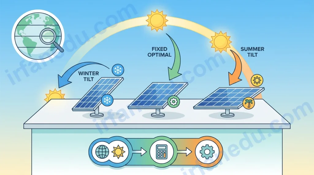 Solar panel angle calculator showing optimal tilt angle diagram with latitude input and sun position chart