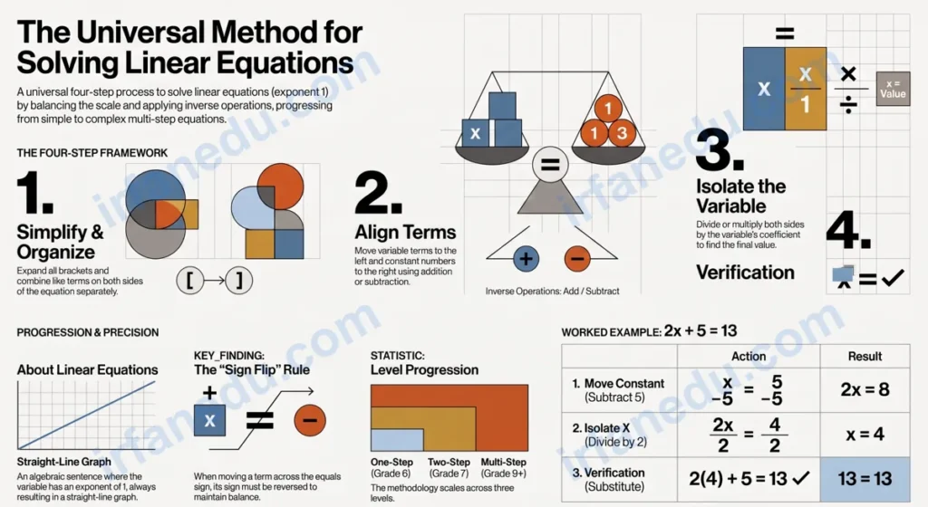 Solving linear equations worksheet printable PDF with worked examples and answer key for students