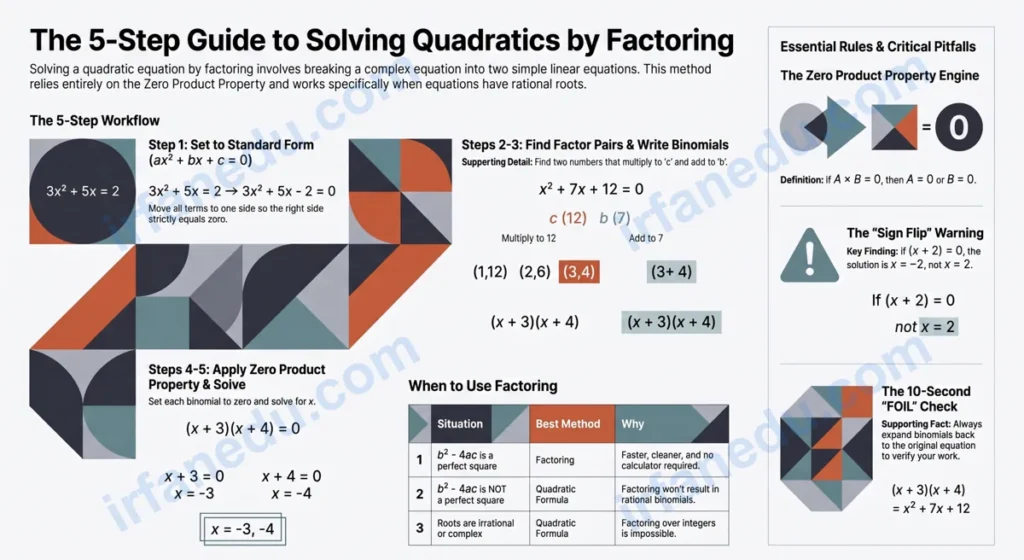 Solving quadratic equations by factoring worksheet with step-by-step worked examples and answer key for high school algebra students