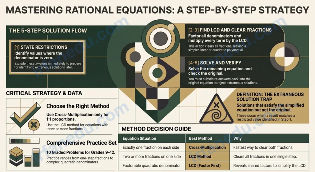 Solving rational equations worksheet printable PDF with step-by-step worked examples and answer key for high school algebra students