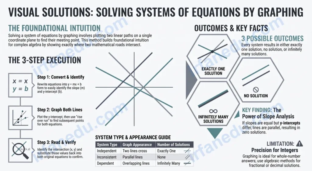 Solving systems of equations by graphing worksheet showing two intersecting lines on a coordinate plane with solution point marked