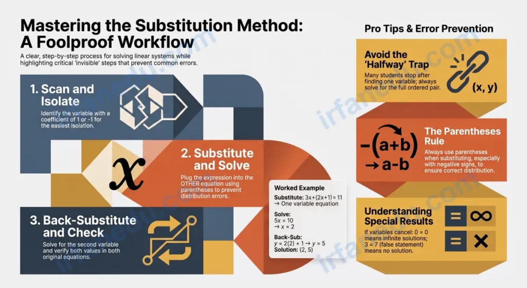 Solving systems of equations by substitution worksheet with step-by-step worked examples and answer key for algebra students